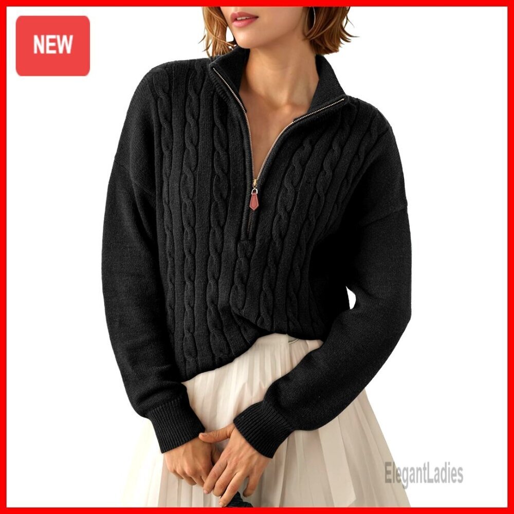 Quarter Zip Ribbed Cable Knit Pullover Sweater Long Sleeve V-Neck